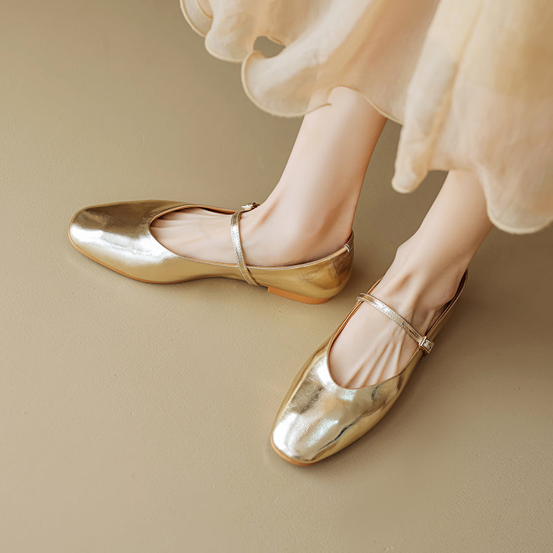 Women’s Metallic Sheepskin Mary Jane Flats – Stylish Square Toe Leather Shoes