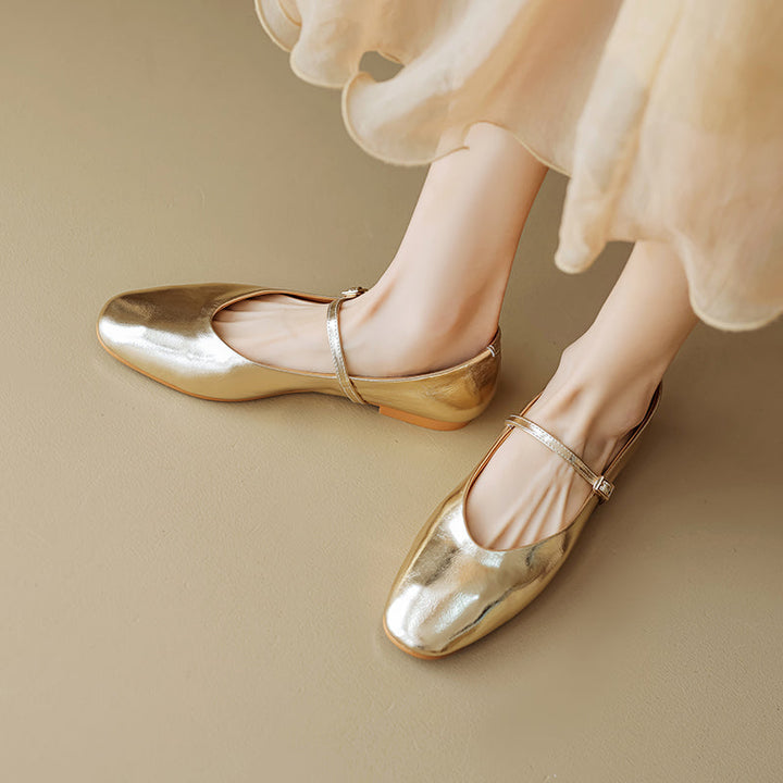 Women’s Metallic Sheepskin Mary Jane Flats – Stylish Square Toe Leather Shoes
