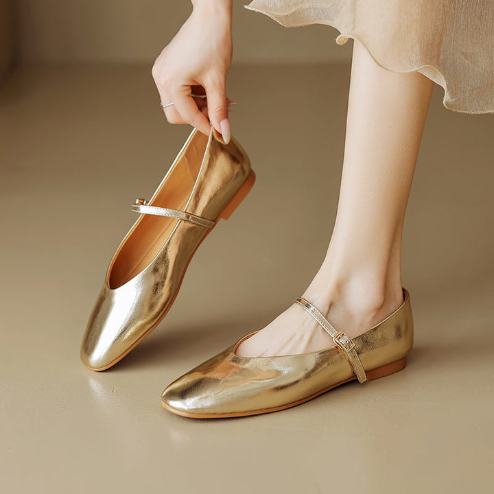 Women’s Metallic Sheepskin Mary Jane Flats – Stylish Square Toe Leather Shoes