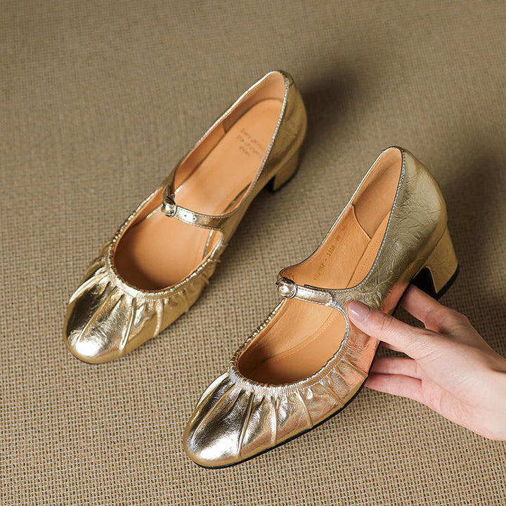 Women's Metallic Cowhide Mary Jane Shoes - Vintage Pleated Round Toe Block Heels