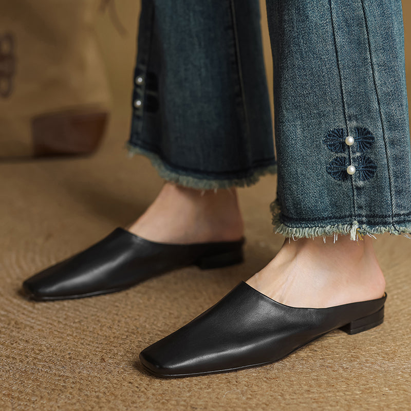 Women's Handmade Leather Minimalist Flat Comfort Mule Shoes