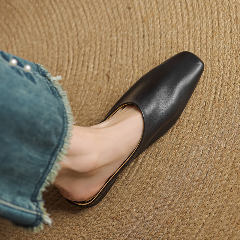 Women's Handmade Leather Minimalist Flat Comfort Mule Shoes