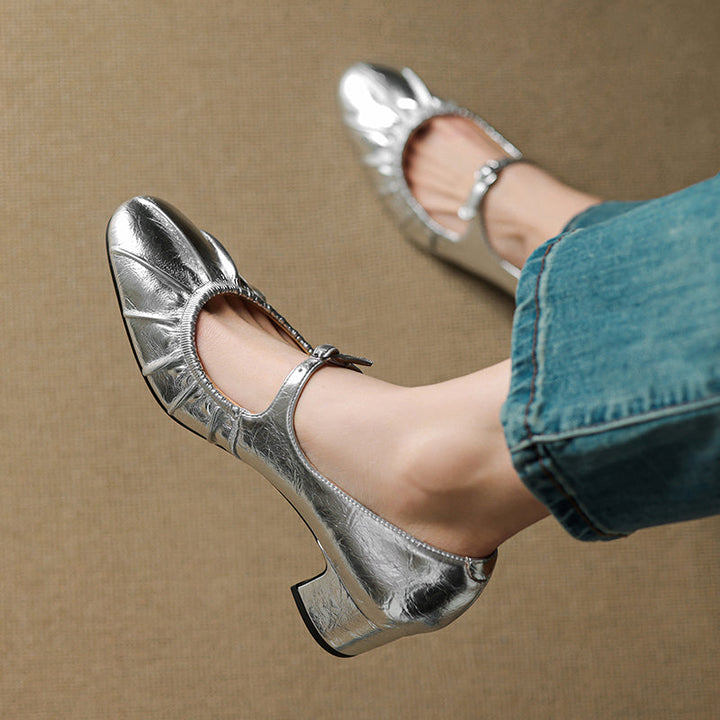Women's Metallic Cowhide Mary Jane Shoes - Vintage Pleated Round Toe Block Heels