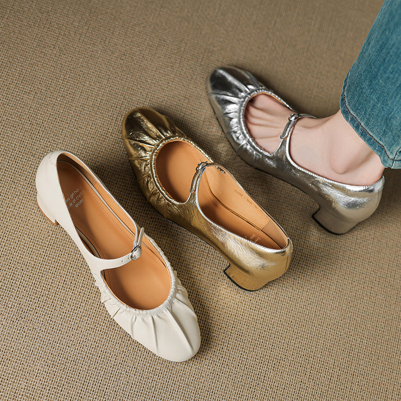 Women's Metallic Cowhide Mary Jane Shoes - Vintage Pleated Round Toe Block Heels