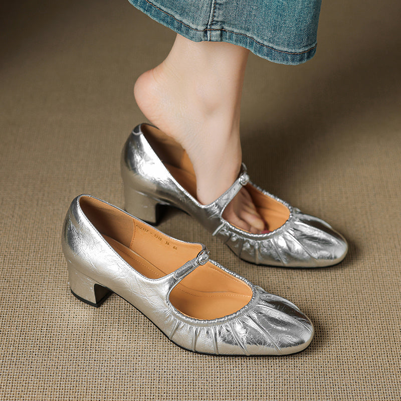 Women's Metallic Cowhide Mary Jane Shoes - Vintage Pleated Round Toe Block Heels