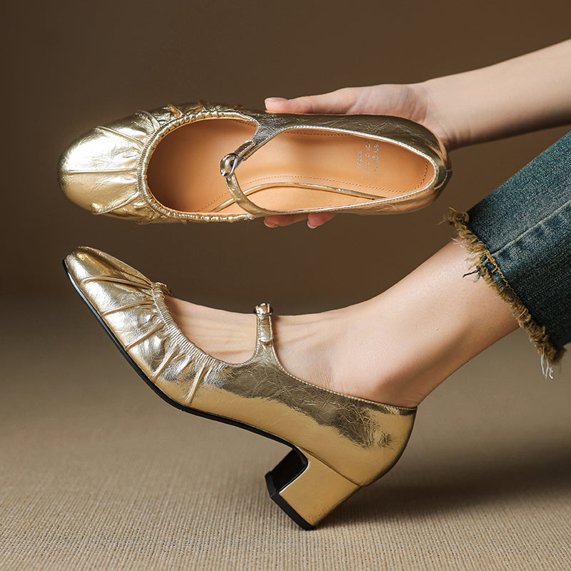 Women's Metallic Cowhide Mary Jane Shoes - Vintage Pleated Round Toe Block Heels