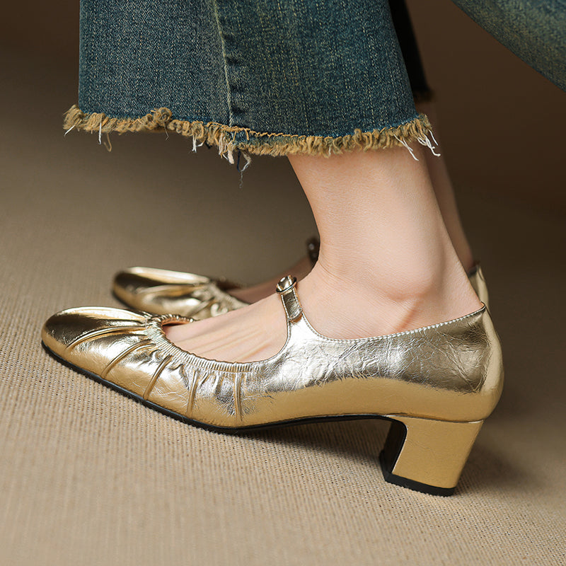 Women's Metallic Cowhide Mary Jane Shoes - Vintage Pleated Round Toe Block Heels
