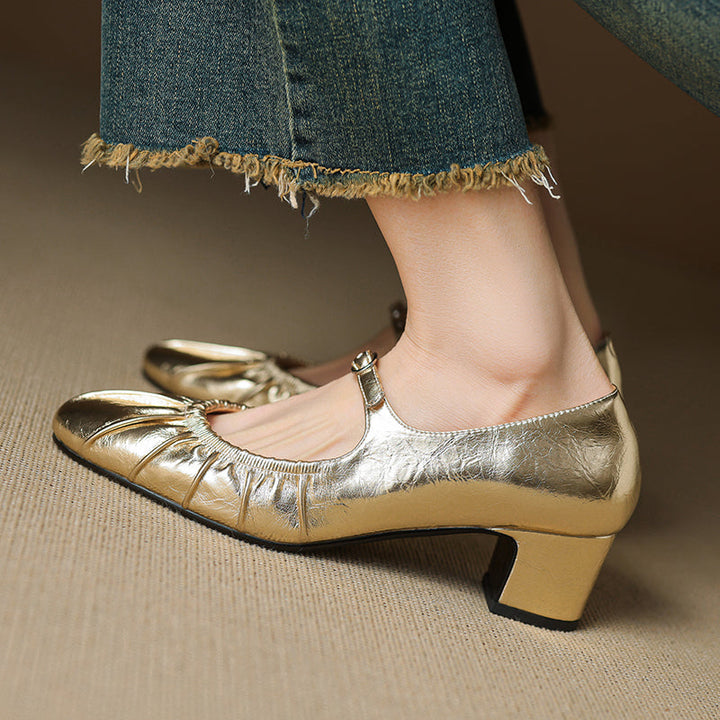 Women's Metallic Cowhide Mary Jane Shoes - Vintage Pleated Round Toe Block Heels