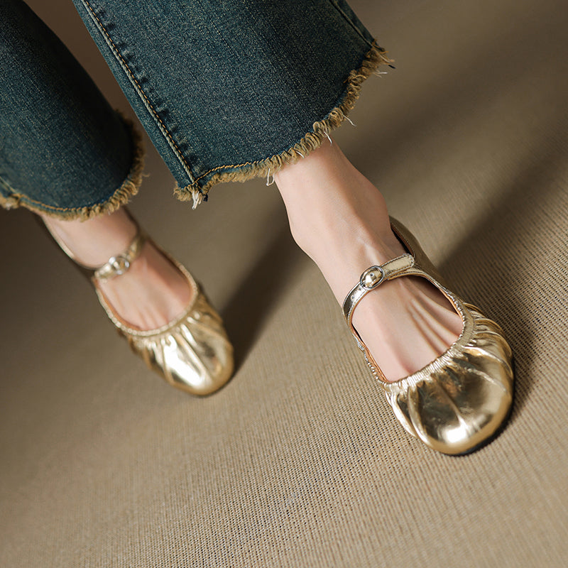 Women's Metallic Cowhide Mary Jane Shoes - Vintage Pleated Round Toe Block Heels