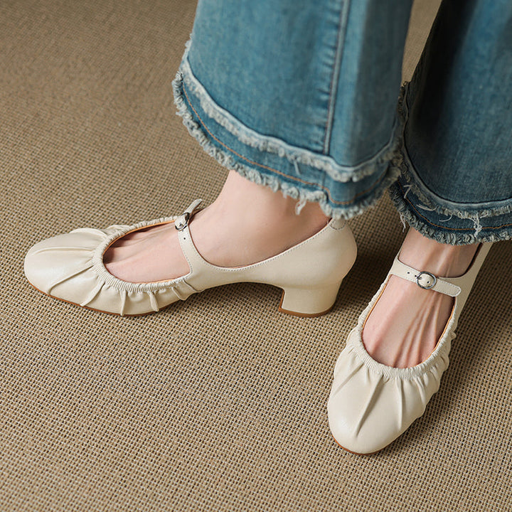 Women's Metallic Cowhide Mary Jane Shoes - Vintage Pleated Round Toe Block Heels
