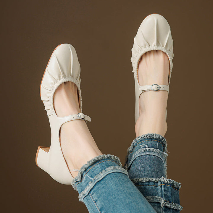 Women's Metallic Cowhide Mary Jane Shoes - Vintage Pleated Round Toe Block Heels