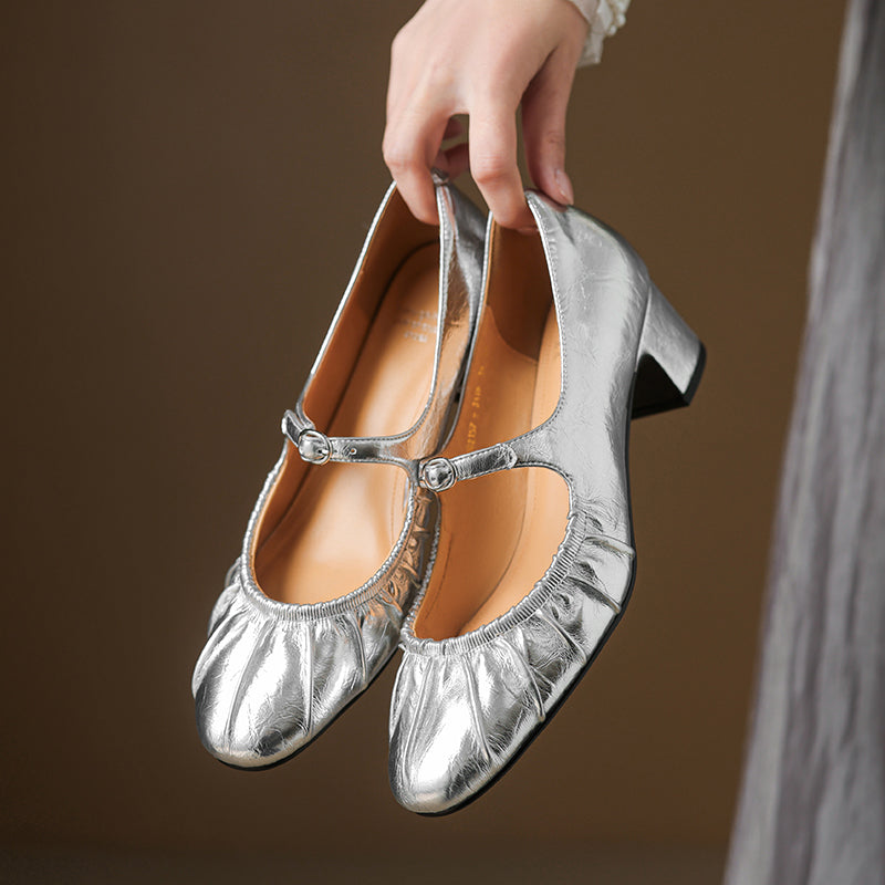 Women's Metallic Cowhide Mary Jane Shoes - Vintage Pleated Round Toe Block Heels