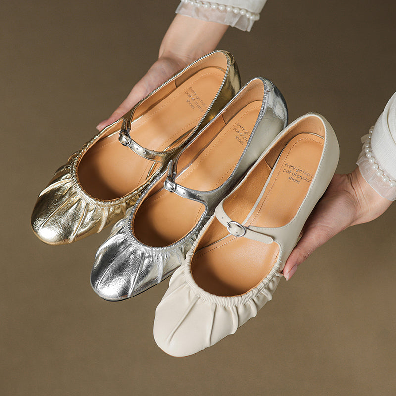 Women's Metallic Cowhide Mary Jane Shoes - Vintage Pleated Round Toe Block Heels