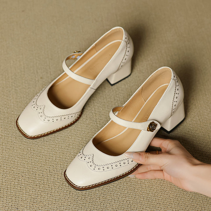 Women's Retro Cowhide Mary Jane Shoes Vintage Brogue Square Toe Chunky Heel Pumps