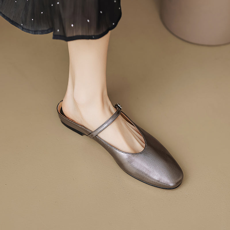 Women's Leather Metallic Color Flat Comfort Mary Jane Mule Shoes
