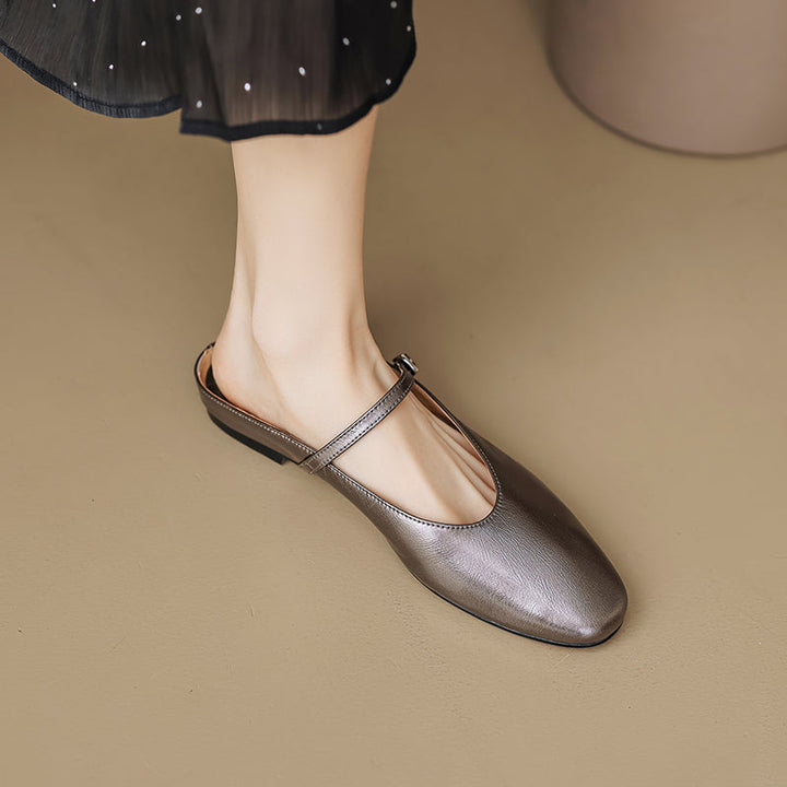 Women's Leather Metallic Color Flat Comfort Mary Jane Mule Shoes