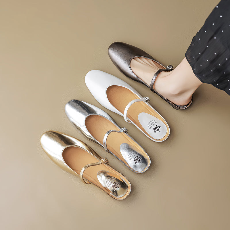 Women's Leather Metallic Color Flat Comfort Mary Jane Mule Shoes