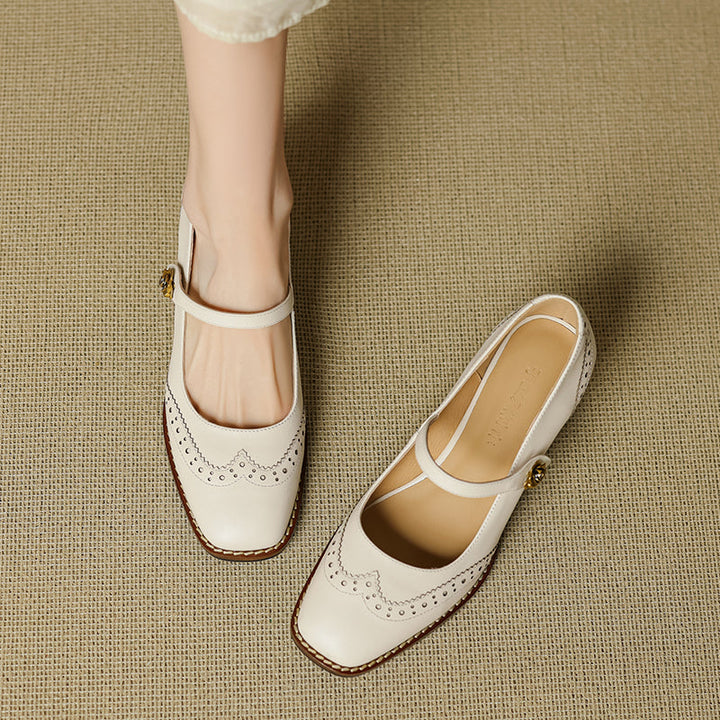 Women's Retro Cowhide Mary Jane Shoes Vintage Brogue Square Toe Chunky Heel Pumps