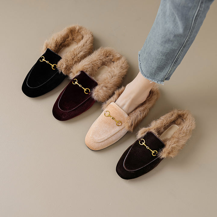 Women Handmade Velvet Fur Lined Loafer Mule