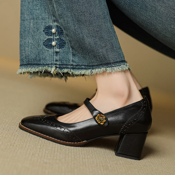 Women's Retro Cowhide Mary Jane Shoes Vintage Brogue Square Toe Chunky Heel Pumps