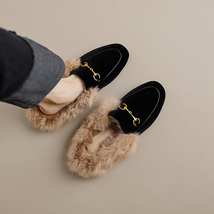 Women Handmade Velvet Fur Lined Loafer Mule