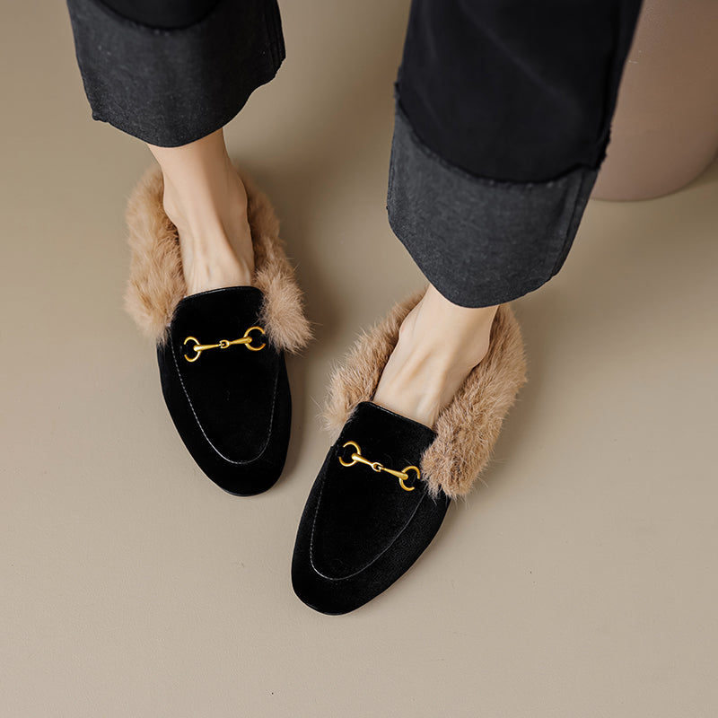 Women Handmade Velvet Fur Lined Loafer Mule