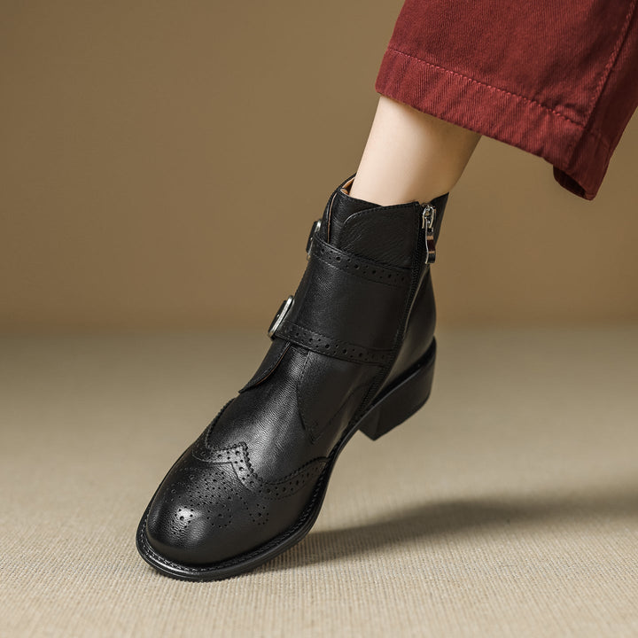 Women's Retro Cowhide Ankle Boots Vintage Brogue Round Toe Double Buckle Zipper Booties
