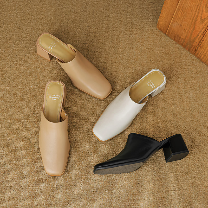 Women's Minimalist Square-Toe Leather Slides - Luxury Office Mules - Comfortable 5.5cm Heels