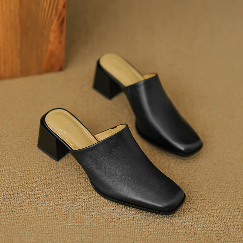 Women's Minimalist Square-Toe Leather Slides - Luxury Office Mules - Comfortable 5.5cm Heels