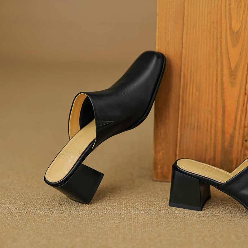 Women's Minimalist Square-Toe Leather Slides - Luxury Office Mules - Comfortable 5.5cm Heels