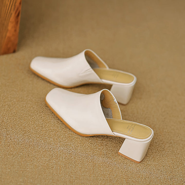 Women's Minimalist Square-Toe Leather Slides - Luxury Office Mules - Comfortable 5.5cm Heels