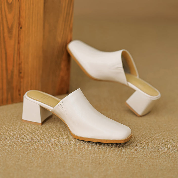 Women's Minimalist Square-Toe Leather Slides - Luxury Office Mules - Comfortable 5.5cm Heels