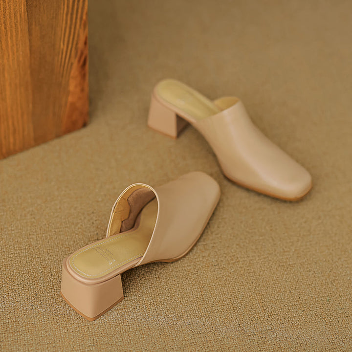 Women's Minimalist Square-Toe Leather Slides - Luxury Office Mules - Comfortable 5.5cm Heels