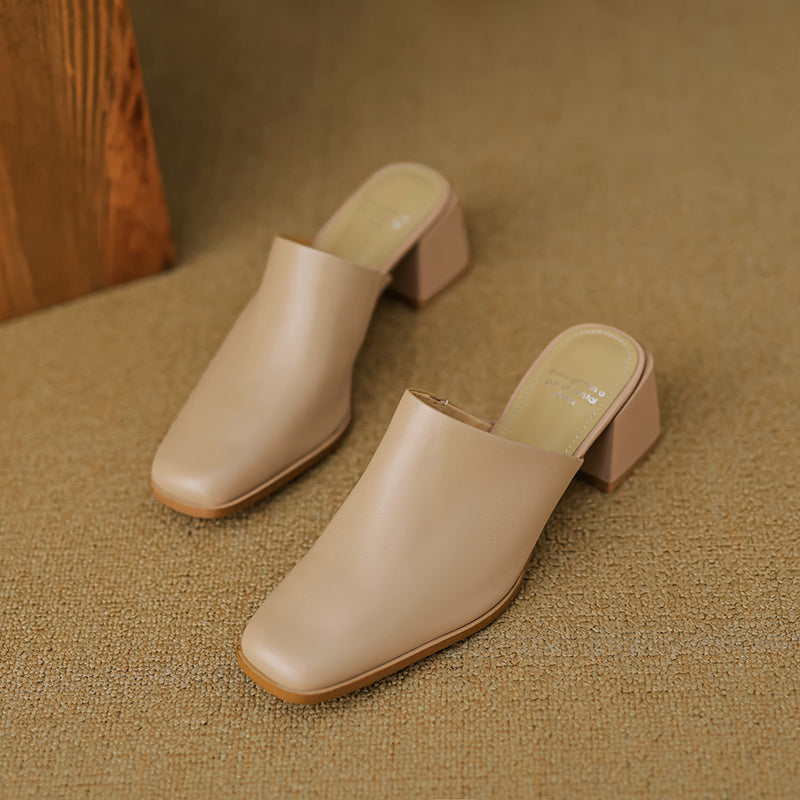 Women's Minimalist Square-Toe Leather Slides - Luxury Office Mules - Comfortable 5.5cm Heels