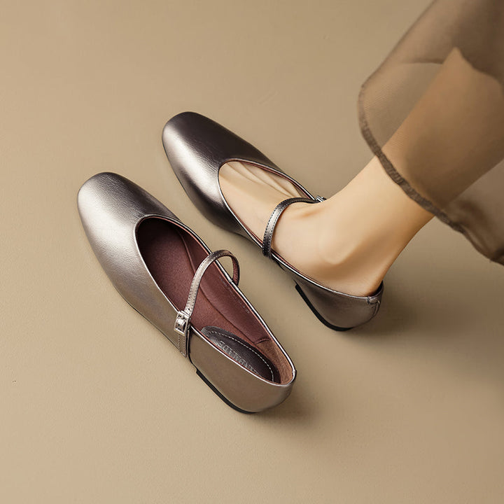 Women’s Metallic Sheepskin Mary Jane Flats – Stylish Square Toe Leather Shoes