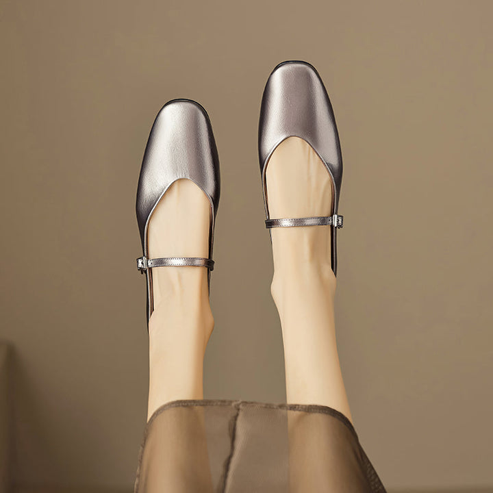 Women’s Metallic Sheepskin Mary Jane Flats – Stylish Square Toe Leather Shoes
