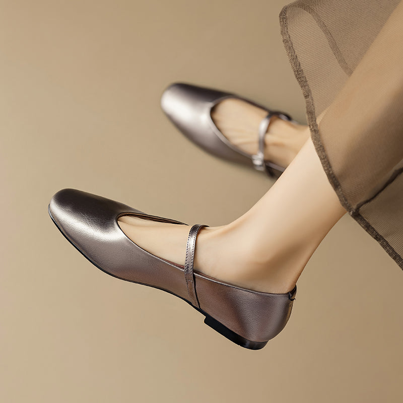 Women’s Metallic Sheepskin Mary Jane Flats – Stylish Square Toe Leather Shoes