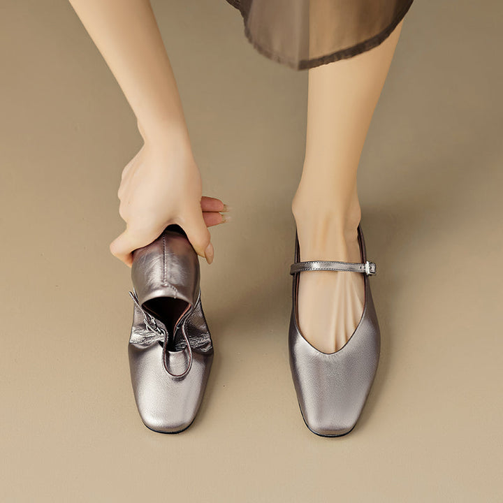 Women’s Metallic Sheepskin Mary Jane Flats – Stylish Square Toe Leather Shoes