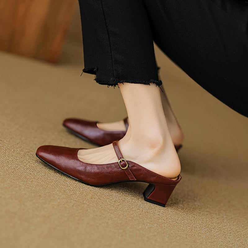 Handmade Sheepskin Mary Jane Mules - Women's Leather Block Heel Closed Toe Slides