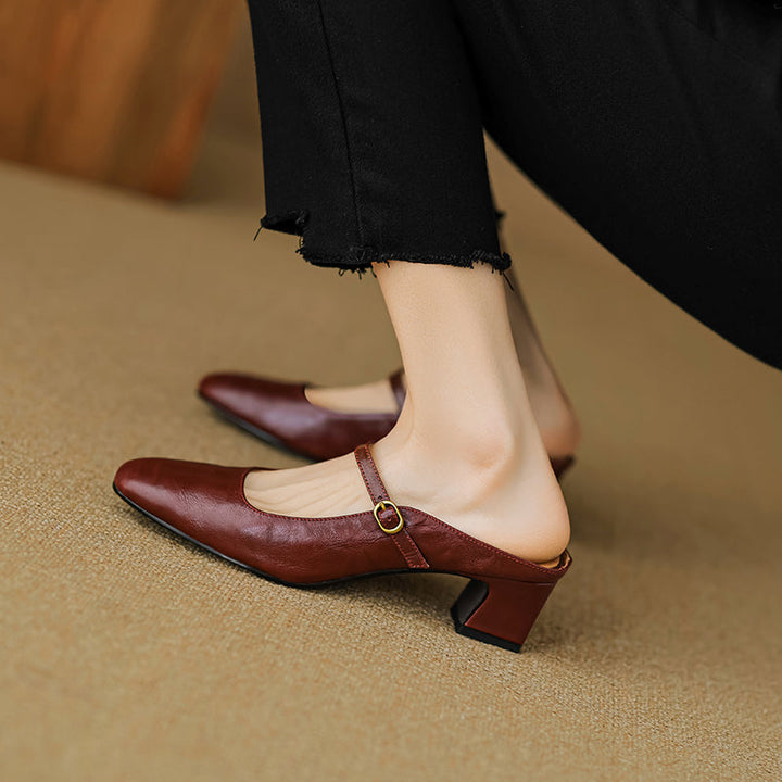 Handmade Sheepskin Mary Jane Mules - Women's Leather Block Heel Closed Toe Slides