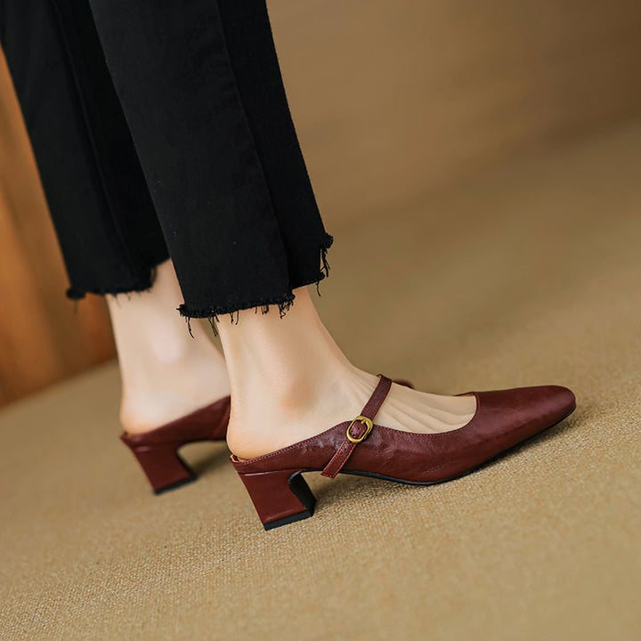Handmade Sheepskin Mary Jane Mules - Women's Leather Block Heel Closed Toe Slides