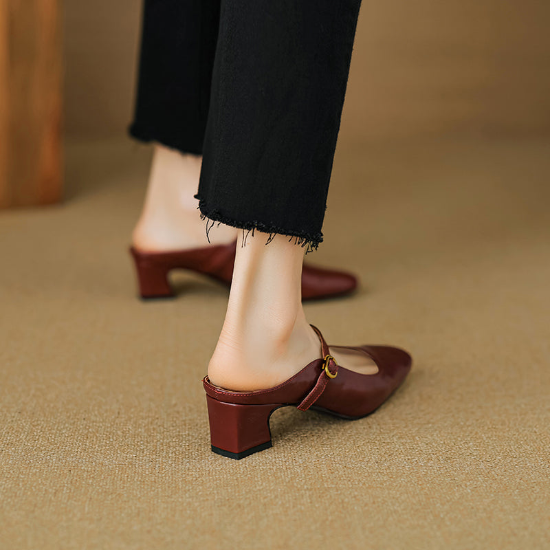 Handmade Sheepskin Mary Jane Mules - Women's Leather Block Heel Closed Toe Slides