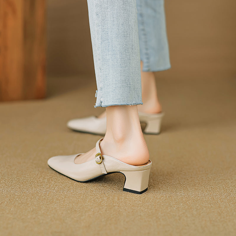 Handmade Sheepskin Mary Jane Mules - Women's Leather Block Heel Closed Toe Slides