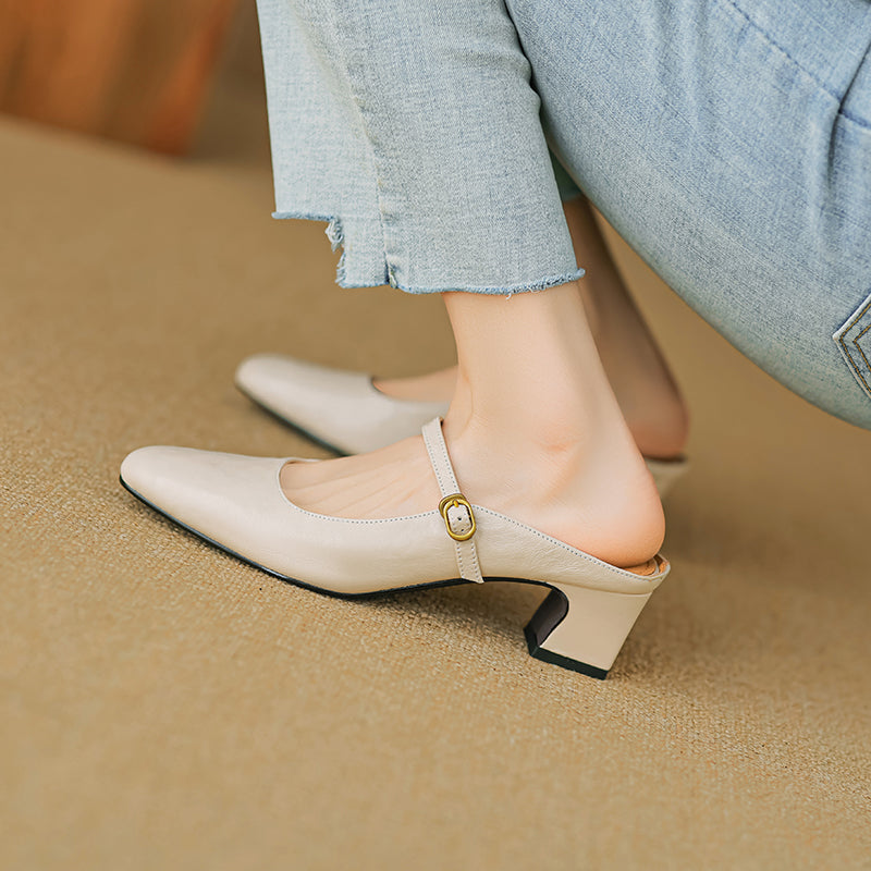 Handmade Sheepskin Mary Jane Mules - Women's Leather Block Heel Closed Toe Slides