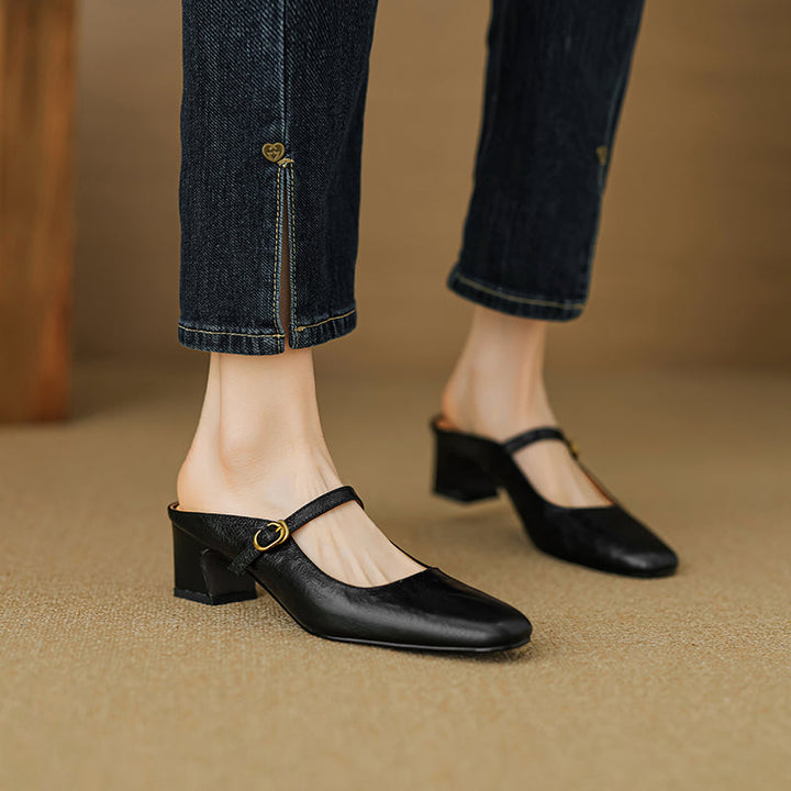 Handmade Sheepskin Mary Jane Mules - Women's Leather Block Heel Closed Toe Slides