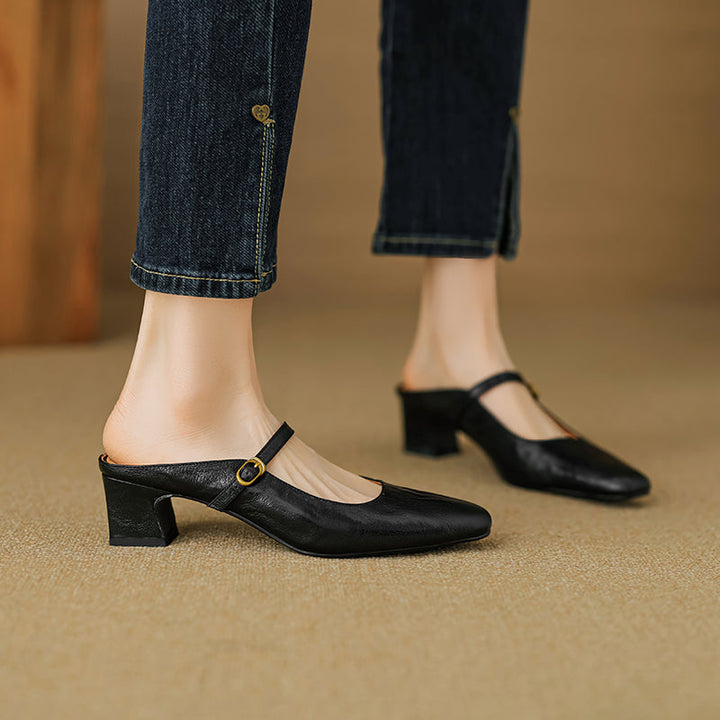 Handmade Sheepskin Mary Jane Mules - Women's Leather Block Heel Closed Toe Slides