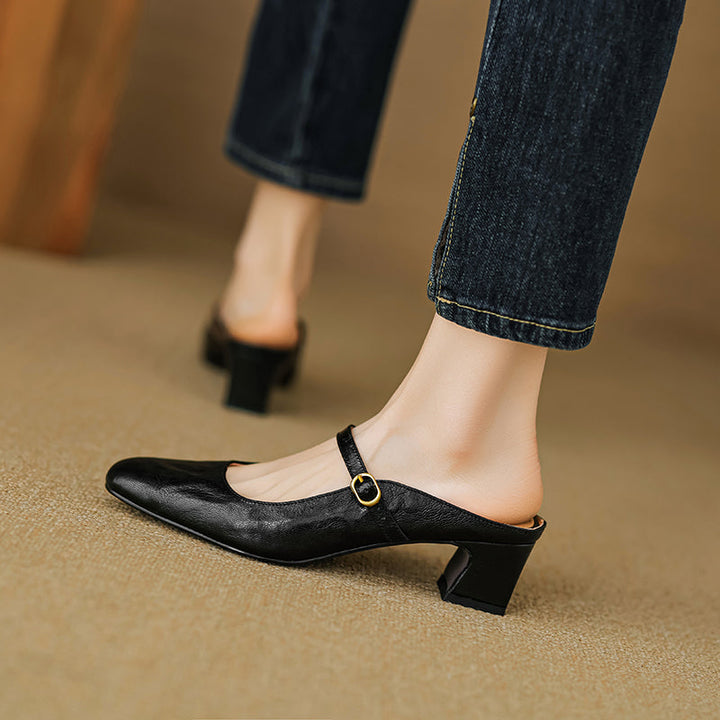 Handmade Sheepskin Mary Jane Mules - Women's Leather Block Heel Closed Toe Slides