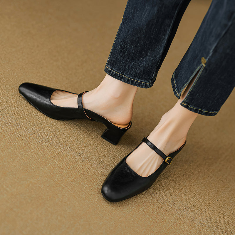 Handmade Sheepskin Mary Jane Mules - Women's Leather Block Heel Closed Toe Slides