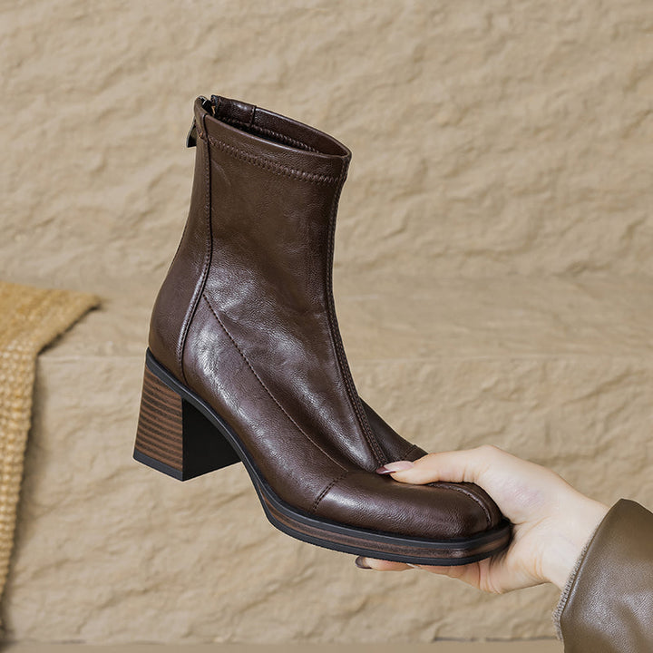 Women's Stretch Leather Sock Boots Fall Winter Square Toe Chunky High Heel Boots