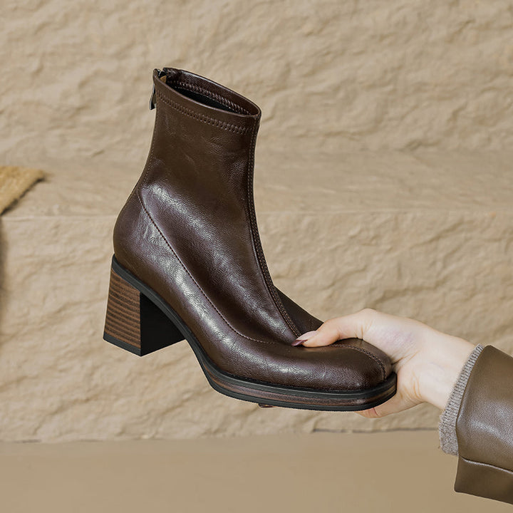 Women's Stretch Leather Sock Ankle Boots Square Toe Block High Heel Sock Booties Zipper